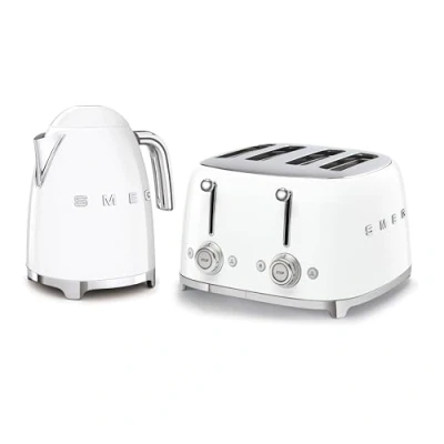 Image of Smeg 50’s Style Retro Range Breakfast Set, 1.7L 3000W Kettle and Multi Functional Control 4 Slice 2000W Toaster, White, KLF03WHUK/ TSF03WHUK