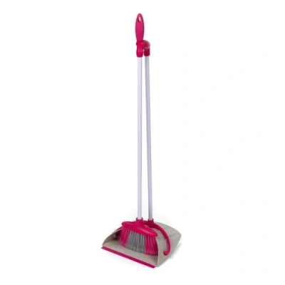 Image of Kleeneze KL062413EU Dustpan &amp; Brush Broom Set Long Handle, Self Standing, Clips Together For Compact Storage, Rubber Edge Collects Dirt, Dust Pet Hair, Use Indoor Outdoor, Lightweight, Easy Grip