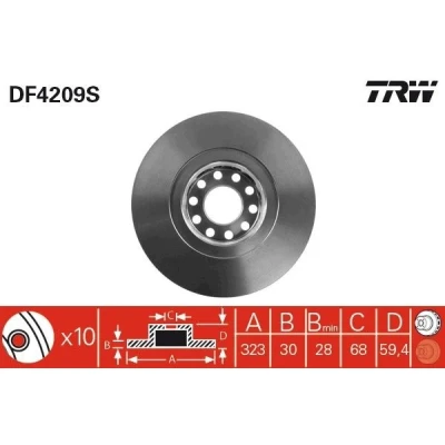 Image of 3D0615301G, 4D0615301A, 4D0615301J Brake disc TRW DF4209S 323mm 30mm 10 112mm Vented Painted High carbon AUDI: A8 D2, D3, A6 C4 Avant