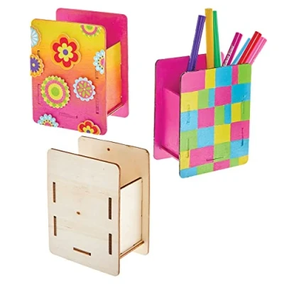 Image of Baker Ross FX820 Wooden Pen Pot Kits Pack of 3, Wood Craft for Kids