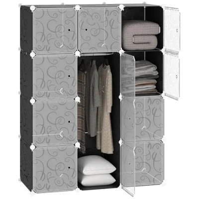 Image of HOMCOM Portable Wardrobe for Bedroom, 12 Cube Closet with 2 Hanging Rails, Modular Storage Cabinet, Plastic Armoire Space Saving, White and Black