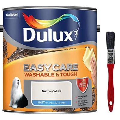 Image of New 2017 Dulux Easycare Washable &amp; Tough Matt Nutmeg White 2.5L with Unique Stain Repellent Technology. Includes PSP Touch up Brush.