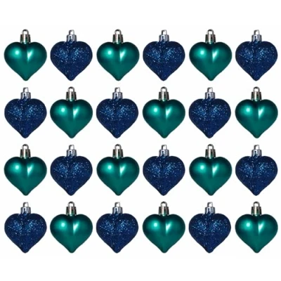 Image of Christmas Tree Heart Baubles Decorations Kingfisher Teal Navy Blue Set of 24