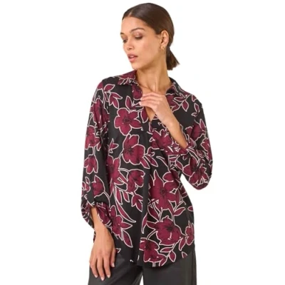 Image of Roman Originals Pleat Front Top for Women UK Ladies Pleated Shirt Notch V Neck Blouse Summer Tunic Spring Pull On Comfy Soft Evening Holiday Vacation Work Party Everyday Black Purple Size 12
