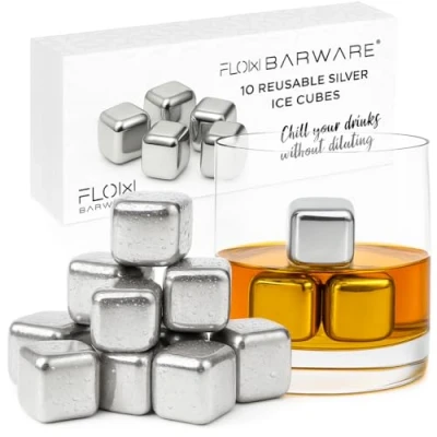 Image of FLOW Barware Stainless Steel Ice Cubes 10x Whisky Stones for Drinks Whiskey, Wine &amp; Gin Tonic Metal with Quick Freeze Gel Silver