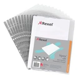 Image of Rexel Nyrex Reinforced Multi Punched Pocket Polypropylene A4 90 Micron Side Opening Grey Spine Glass Clear (Pack 25) 12203
