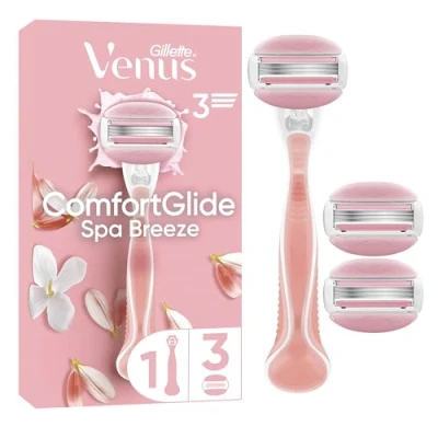 Image of Gillette Venus ComfortGlide Spa Breeze 2 in 1 Razor for Women + 3 Refill Blades, Shaving Gel Bars Starter Kit (Packaging May Vary)
