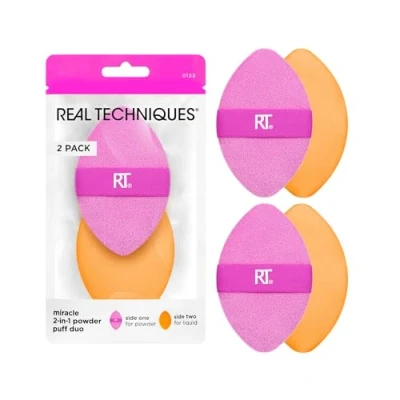 Image of Real Techniques Miracle 2 In 1 Powder Puff, Dual Sided, Full Size Makeup Blending Reversible Elastic Band, Precision Tip Sponge and For Liquid, Cream Powder, Count