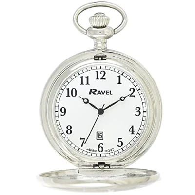 Image of Ravel Full Hunter Calendar Pocket Watch Silver Tone