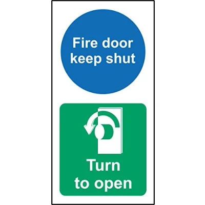 Image of Fire door keep shut Turn left to open Safety sign Self adhesive sticker 200mm x 100mm