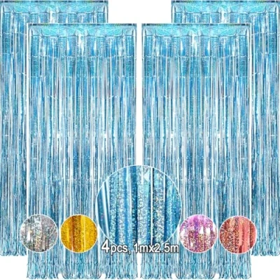 Image of Metallic Tinsel Curtain Light Blue Glitter OEMG 4Pack 3.3x8.2FT Foil Fringe Curtain, Party Backdrop