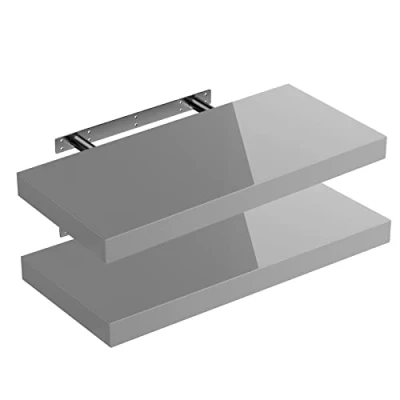 Image of CASARIA Set of 2 Floating Shelves w/Brackets 50 110cm 15kg Capacity Hidden Wall Fixing Kitchen Office Lounge Hallway Modern Decorative High Gloss Hanging Shelving Grey 50cm