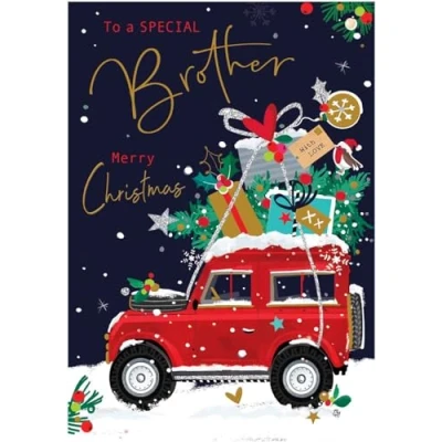Image of Jonny Javelin Brother Christmas Card Special Car and Tree Artistic Festive Design Finishes Illustrated Insert Leaf Made in the UK