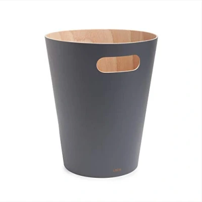 Image of Umbra Woodrow 2 Gallon Modern Wooden Trash Can, Wastebasket, Garbage Can or Recycling Bin for Home Office, Natural/Charcoal