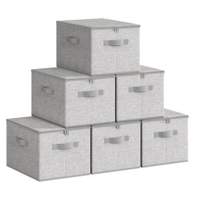 Image of SONGMICS Foldable Storage Organiser Boxes, Set of 6 Basket Bins with Lids, Handles, Clothes Organiser, 40 x 30 25 cm, Non Woven Fabric, Dove Grey RZB003W02