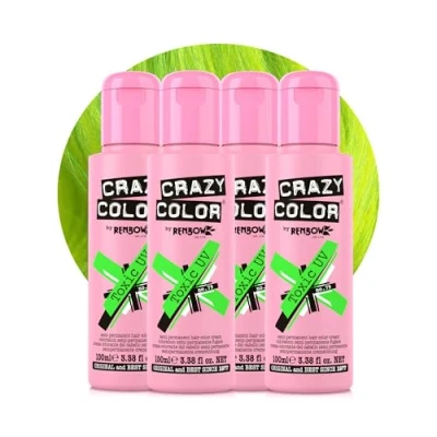 Image of Crazy Color Vibrant Toxic UV Semi Permanent 4 Pack Quad Hair Dye. Highly Pigmented Neon Green Conditioning &amp; Oil Nourishing Vegan Formula No Bleach or Ammonia 400ml
