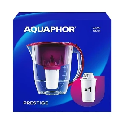Image of AQUAPHOR Water Filter Jug Prestige I 1 X A5 Included Capacity 2.8l Fits in the fridge door Reduces Limescale Chlorine &amp; Microplastics Cherry