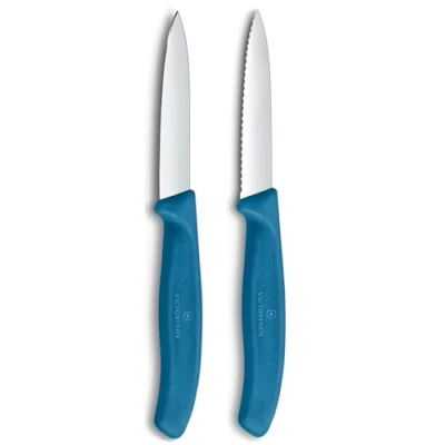 Image of Victorinox Swiss Classic Blue 8cm Serrated/Straight 2 Piece Pointed Tip Paring Knife Box Set