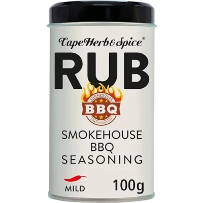 Image of Cape Herb &amp; Spice Rub Smokehouse BBQ Seasoning Condiment Smoked to Perfection, Chilli Rating Mild, 100 g Tin (Pack of 1)