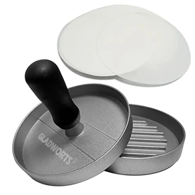 Image of Gladworts Burger Press Quarter Pounder Hamburger Aluminum + 100 Wax Papers, Non Stick Maker Patty Mould Meat Presser Set for BBQ, Ø 12 cm