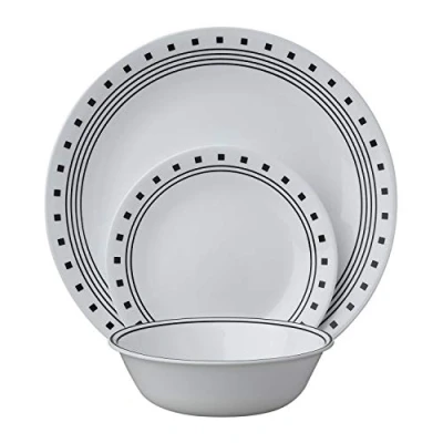 Image of Corelle Vitrelle Glass 12 Piece City Block Chip and Break Resistant Dinner Set, Black 3990B