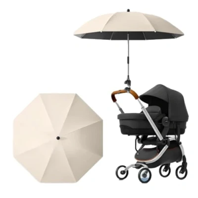 Image of Universal UV Parasol Sun Canopy for Pushchairs and Buggy 2024 New Clip on Stroller Umbrella Baby with Adjustable Fixing Clamp (Beige 85cm)