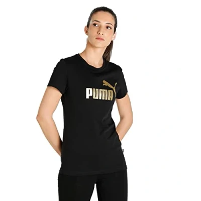 Image of Puma LOGO Print Tshirt, Women&#039;s, Size: XS, Black/gold foil