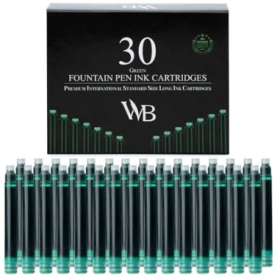 Image of Wordsworth &amp; Black Fountain Pen Ink Refills Set of 30 Green Cartridges International Standard Size Length APPR 2.04 Inch Base Diameter 0.24 Disposable and Generic