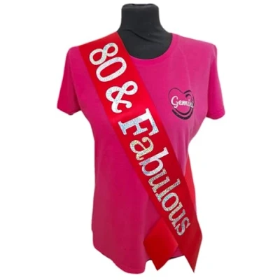 Image of 80th Birthday Sash 80 &amp; Fabulous Beautiful Quality Red Ribbon and Holographic Silver Font