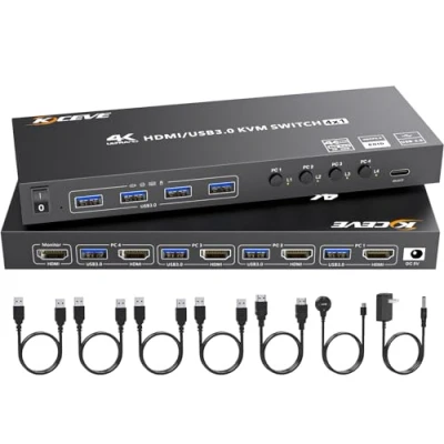 Image of HDMI KVM Switch 4 Computers 4K@60Hz 2K@120Hz, Simulation EDID, MLEEDA Port USB3.0 Switches for PC Share 1 Monitor and Keyboard Mouse Printer,with Wired Remote,12V Power Adapter 5 Cables