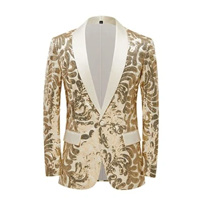 Image of PYJTRL Men Stylish Satin Face Sequins Floral Pattern Suit Jacket Blazer (Champagne Gold, 50)