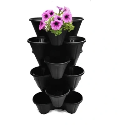 Image of Shop4allsorts Set Of 6 Black Strawberry Trio Planters Stackable Plastic Patio Herb Planter Flower Pots