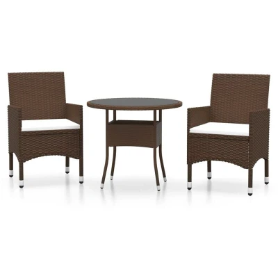 Image of vidaXL 3 Piece Garden Bistro Set Poly Rattan and Tempered Glass Brown