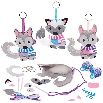 Image of Baker Ross FX355 Arctic Fox and Wolf Keyring Sewing Kits Pack of 3, Introduction to Textiles for Kids, Arts Crafts Kids
