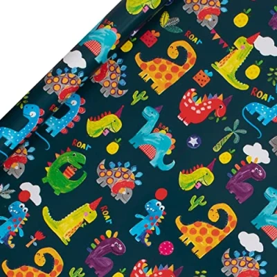 Image of Glick Luxury Roll Wrap, Dinosaur Wrapping Paper, Perfect for Gift Wrapping, Birthday Paper Boys 2M x 700MM, Multi colour,Blue
