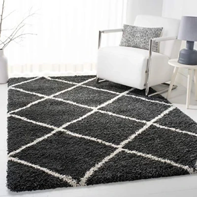 Image of Safavieh Shaggy Rug for Living Room, Dining Bedroom Hudson Shag Collection, High Pile, in Dark Grey and Ivory, 155 X 229 cm