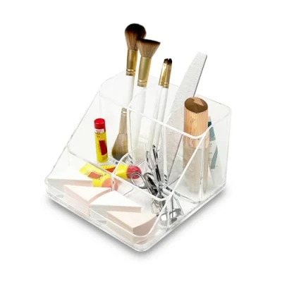 Image of Addis Multi Compartment Clear Acrylic Cosmetic Vanity Office Desktop Stationery Easy Display Organiser For Make Up and Jewellery; Home Stationary Desk Storage,