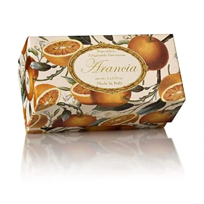Image of Orange soap, box of 6 bars round soaps carved with Florentine lily, wrapped by hand, x 1.76 oz.