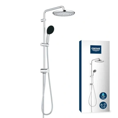 Image of GROHE Vitalio Start 250 Shower System with Diverter (Round 25 cm Head 2 Sprays: Rain and SmartRain, Round 11 Hand Jet, Hoses, Water Saving), Chrome, 26680001