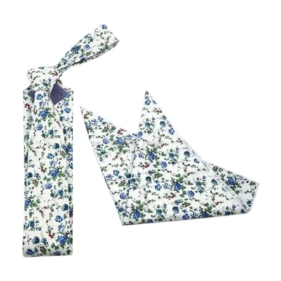 Image of DB Dickie Bow Men&#039;s Floral Luxury Cotton Skinny Neck Tie &amp; Pocket Square Set (White, Blue, Green Red)