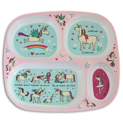 Image of Tyrrell Katz Toddler Divider Plate in Pink with 4 Sections and Unicorns Design Dishwasher Safe Melamine Kids Compartment Tray 24 x 21 2 cm