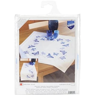 Image of Vervaco Embroidery: Runner: Blue Butterflies, 100% Cotton, Multi Colour, 40 x 2 20 cm
