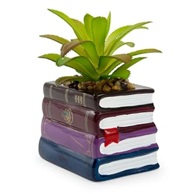 Image of Silver Buffalo Harry Potter Book Stack 3 Inch Ceramic Planter With Artificial Succulent