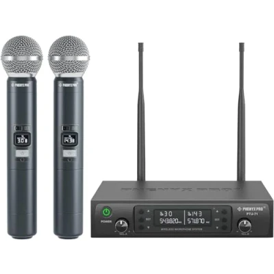 Image of Phenyx Pro Wireless Microphone System Dual Mics,w/ 2 Handheld Dynamic Microphones, 2x100 Adjustable UHF Channels, Auto Scan,328ft Range,Microphone for Singing, Karaoke, Church(PTU 71 2H)