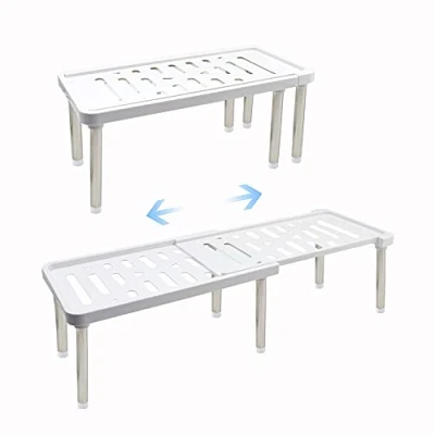 Image of Expandable Cabinet Organizer Shelf, 1 Pack Kitchen Cupboard Organizer, Free Standing Spice Rack, Retractable Storage Racks for Bathroom, Countertop, Pantry (White)