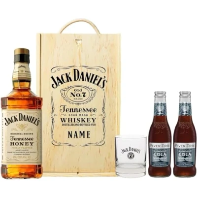 Image of Personalised Jack Daniels Tennessee Honey Whiskey Gift Set with JD Glass &amp; Fever Tree Birthday Gifts for Men, Mens Valentines Gifts, Boyfriend Him