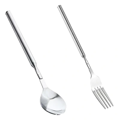 Image of 2 PCS Extendable Fork Spoon Stainless Steel Telescopic and Set Long Handle Cutlery Forks Retractable Teaspoons for Barbecue Toasting Dinner Camping