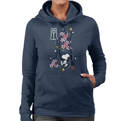 Image of Peanuts Snoopy &amp; Woodstock Japan Cherry Blossom Women&#039;s Hooded Sweatshirt Navy Blue