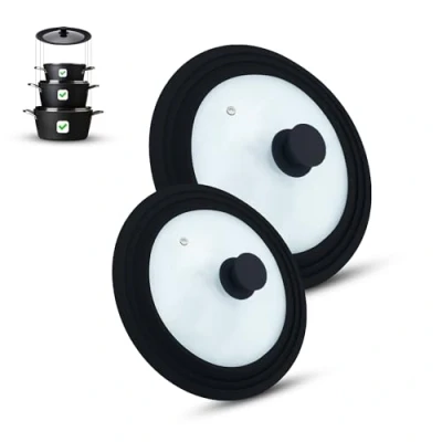 Image of Set of 2 universal glass lids, part, pots and pans 16/18/20 cm &amp; 24/26/28 cm, with outlet valve silicone rim. (Black, cm)