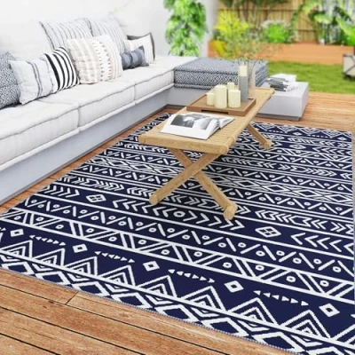 Image of Outsunny Reversible Outdoor RV Rug, 1.8 x 2.7m Patio Floor Mat, Waterproof Plastic Straw Rug for Garden, Deck, Picnic, Beach, Camping, Geometric, Blue and White